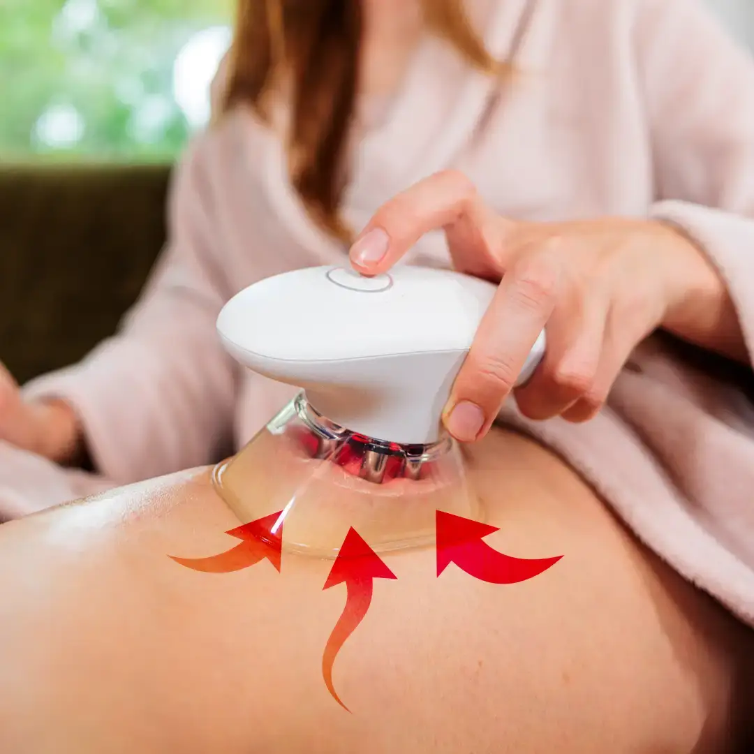 Shapepro machine doing vacuum massaging on leg with red arrows explaining movement