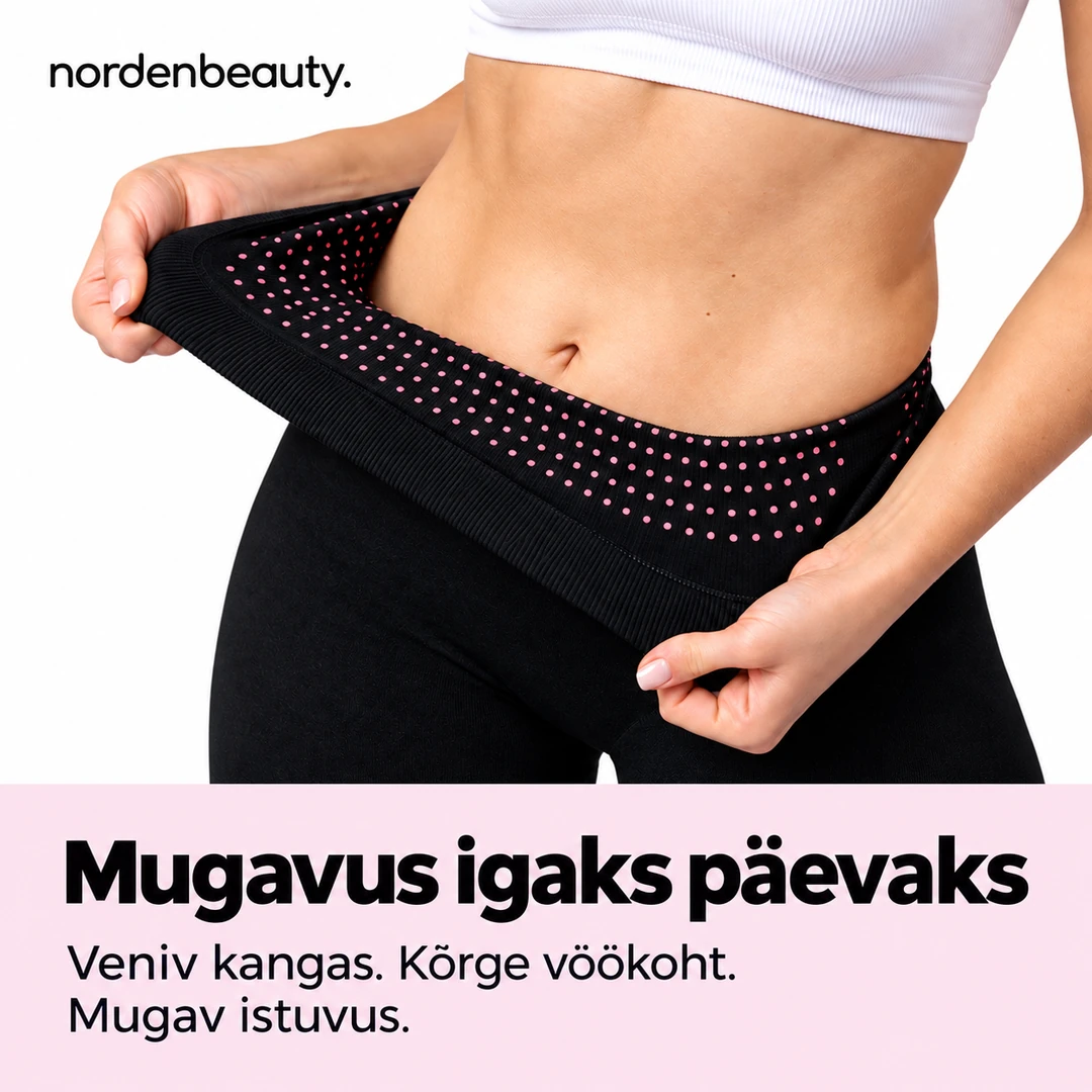 Retuuside veniv kõrge vöökoht ja roosade täppidega sisepind lähivaates.