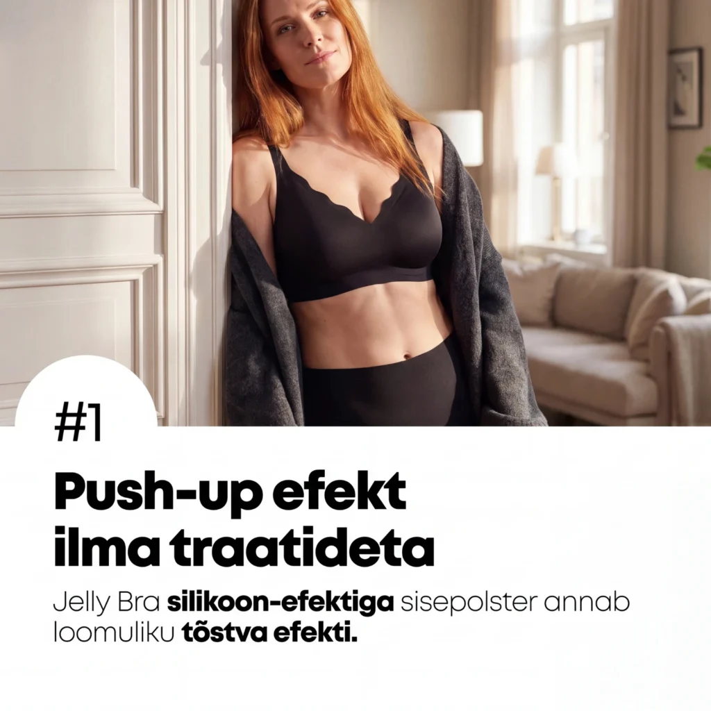 Naine mustas Jelly Bra rinnahoidjas ning traadita push-up efekti tutvustav tekst