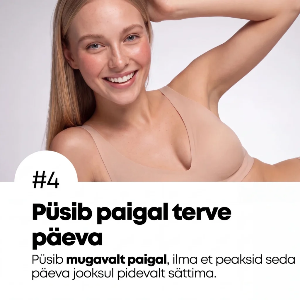 Naine heledas Jelly Bra rinnahoidjas ning tekstiinfo rinnahoidja mugava paigalpüsimise kohta