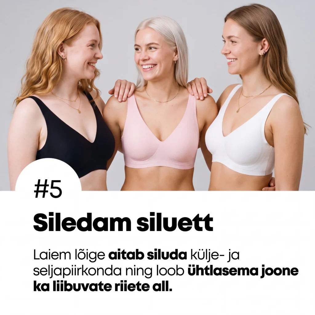 Kolm naist mustas, roosas ja valges Jelly Bra rinnahoidjas ning siledat siluetti tutvustav tekst