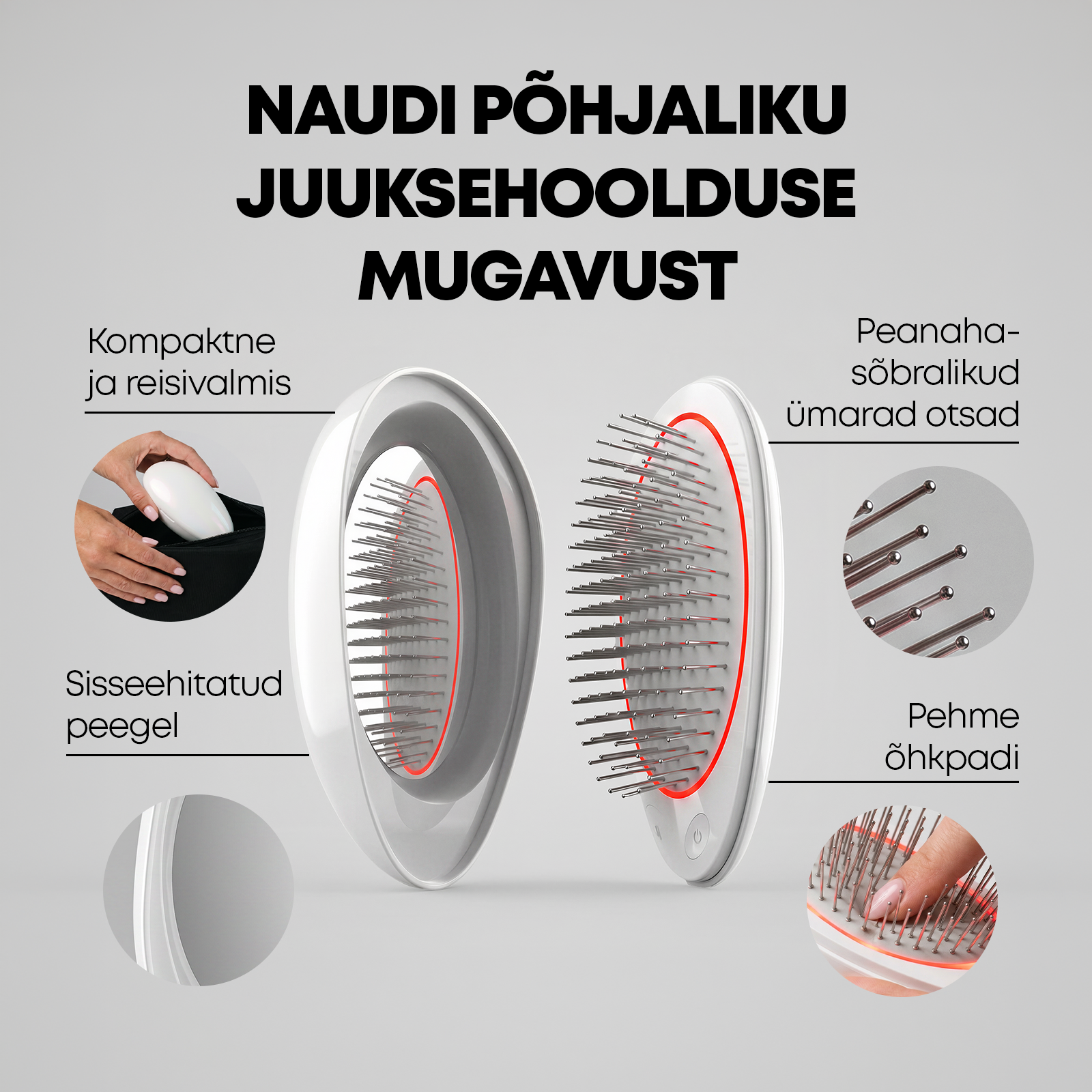 ScalpActive Pro peanahahooldusseadme pehmed harjased, ümarad otsad ja sisseehitatud peegel